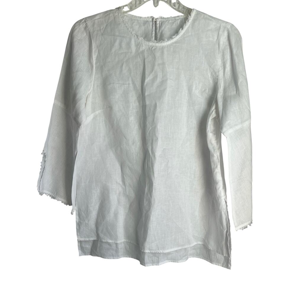 J.Jill Love Linen Large 100% Linen White Tunic Top Raw Neck Cuff Bell Sleeve